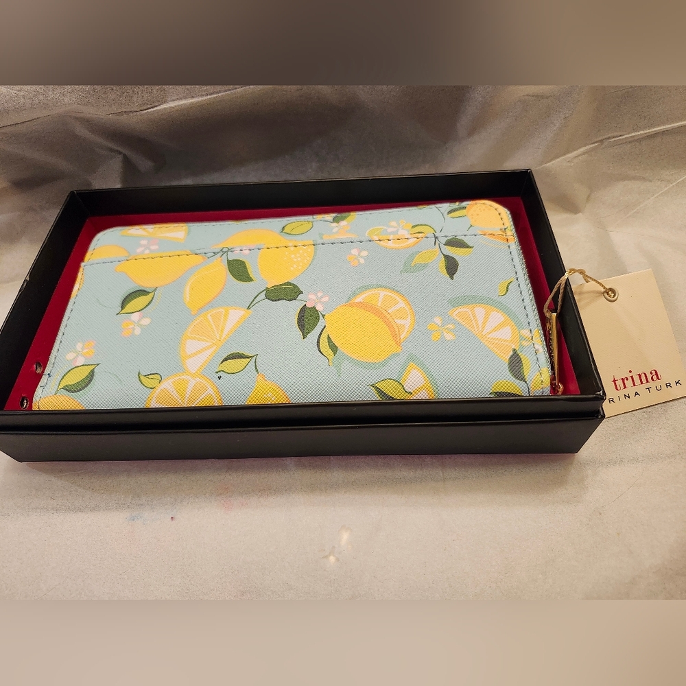 Trina Turk Lemon Print Zip-Around Wallet In Light Blue, Yellow & White